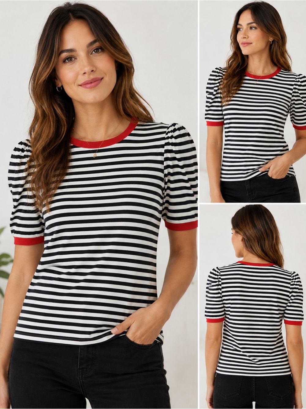 Pretty Garden striped top with red trim and ruched sleeves. Size M